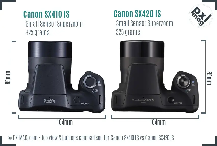 Canon SX410 IS vs Canon SX420 IS top view buttons comparison