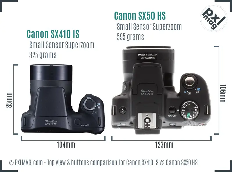 Canon SX410 IS vs Canon SX50 HS top view buttons comparison