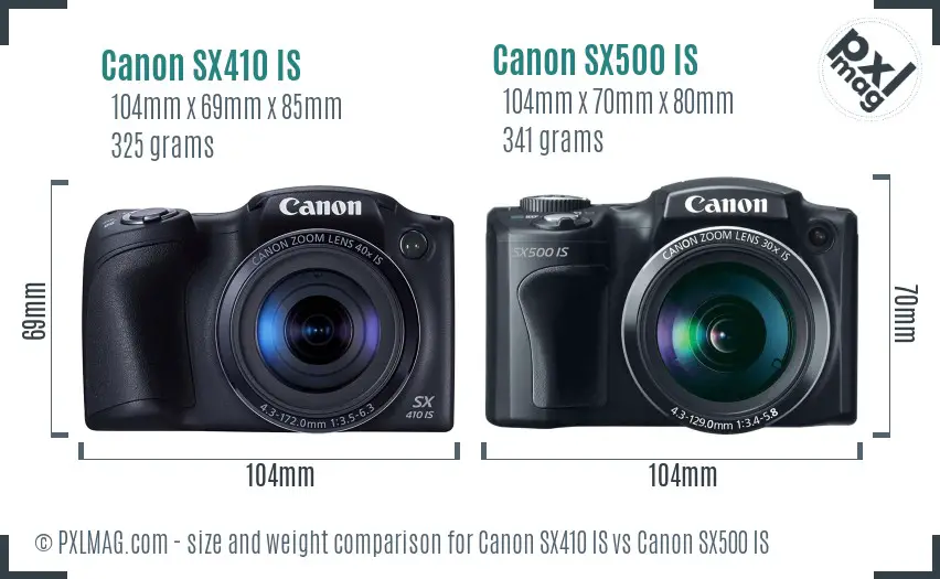 Canon SX410 IS vs Canon SX500 IS size comparison
