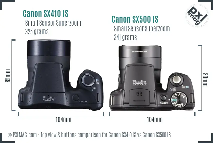 Canon SX410 IS vs Canon SX500 IS top view buttons comparison