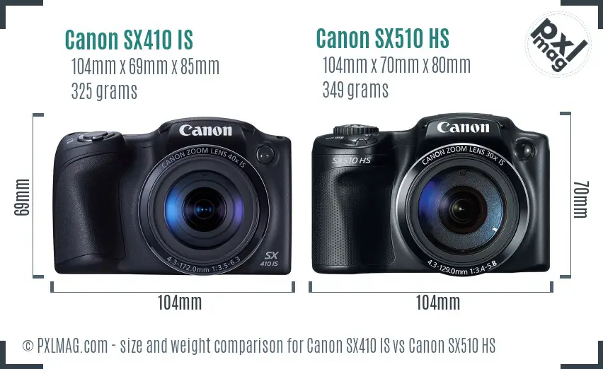 Canon SX410 IS vs Canon SX510 HS size comparison