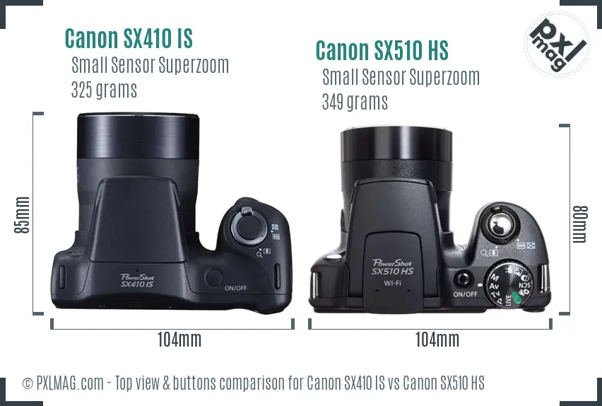 Canon SX410 IS vs Canon SX510 HS top view buttons comparison