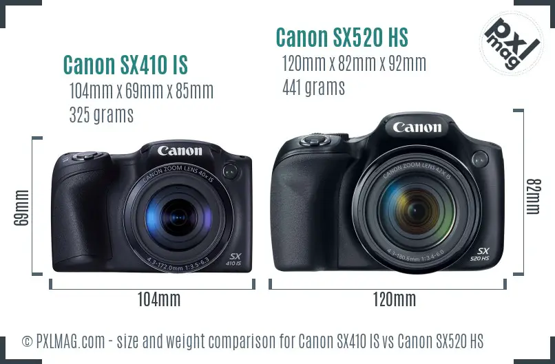 Canon SX410 IS vs Canon SX520 HS size comparison