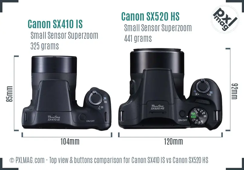 Canon SX410 IS vs Canon SX520 HS top view buttons comparison