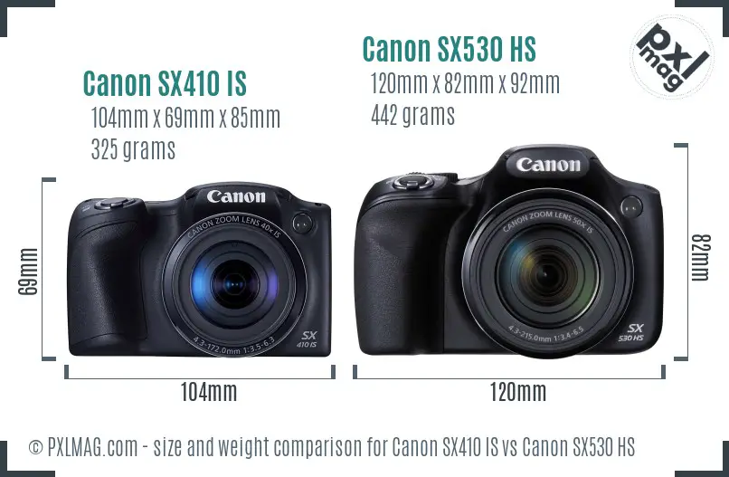 Canon SX410 IS vs Canon SX530 HS size comparison
