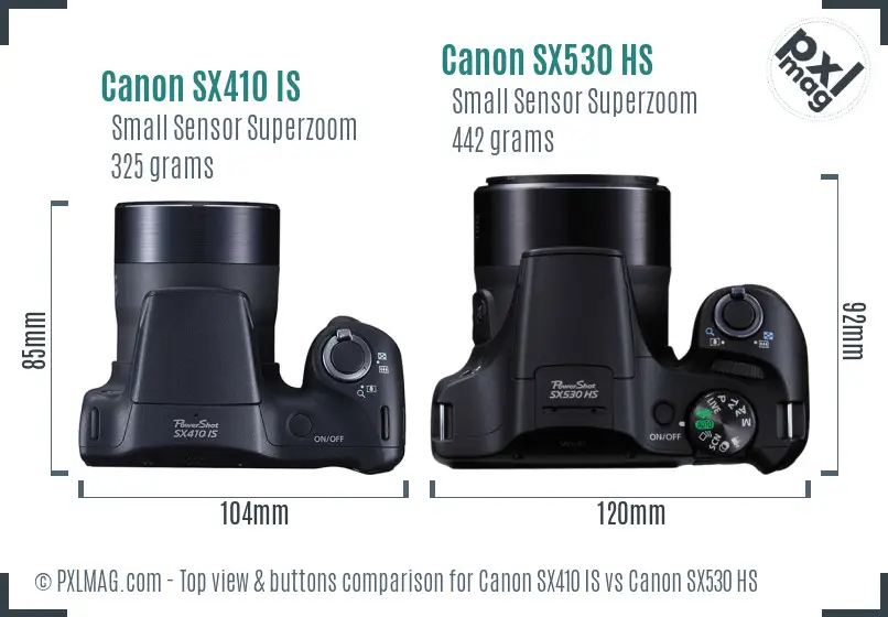 Canon SX410 IS vs Canon SX530 HS top view buttons comparison