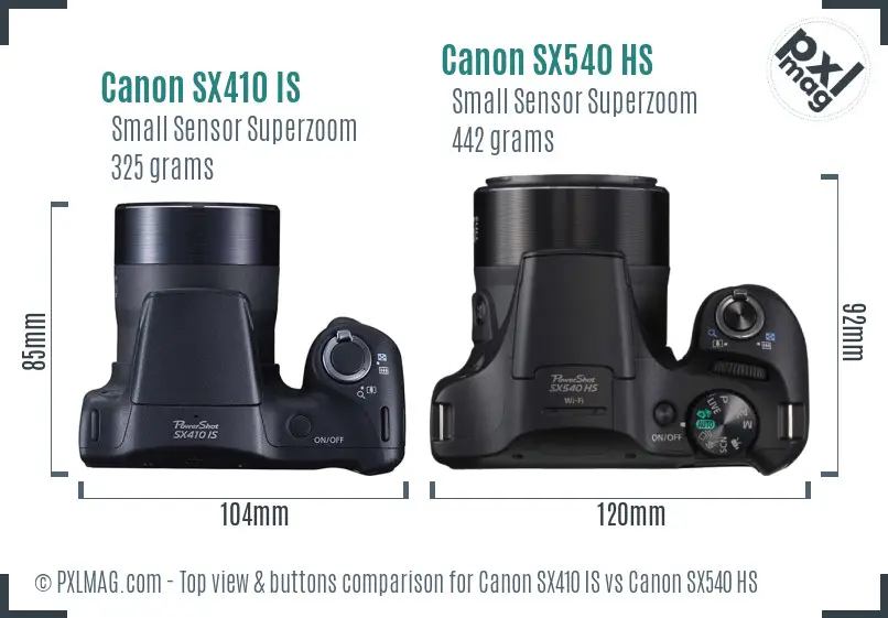 Canon SX410 IS vs Canon SX540 HS top view buttons comparison