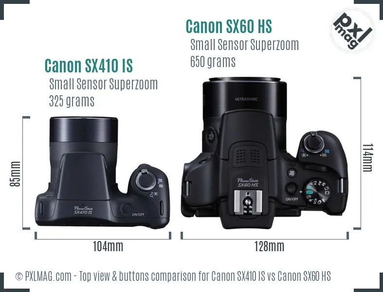 Canon SX410 IS vs Canon SX60 HS top view buttons comparison