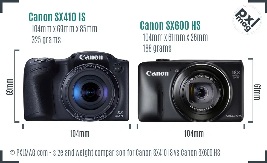 Canon SX410 IS vs Canon SX600 HS size comparison