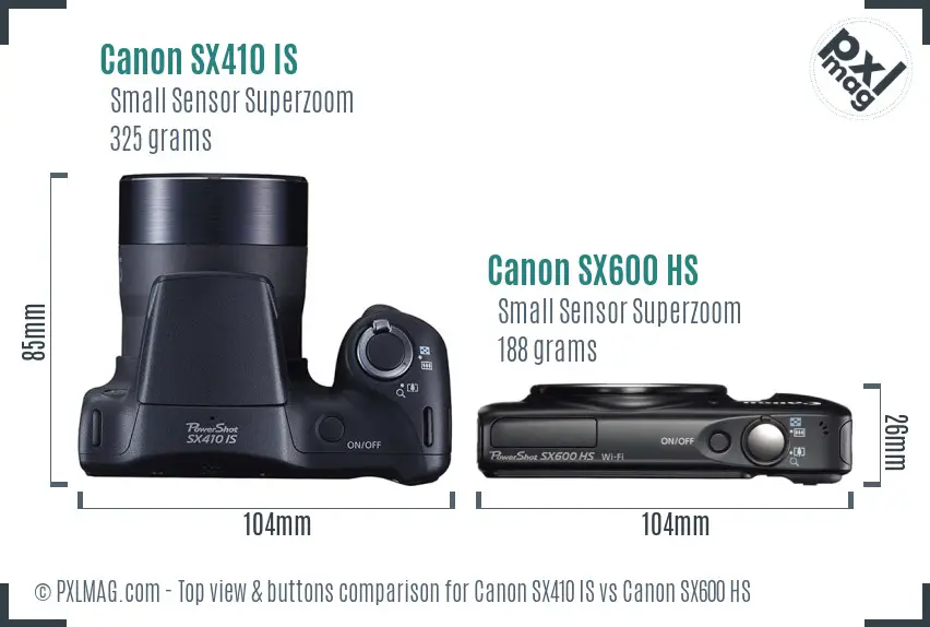 Canon SX410 IS vs Canon SX600 HS top view buttons comparison