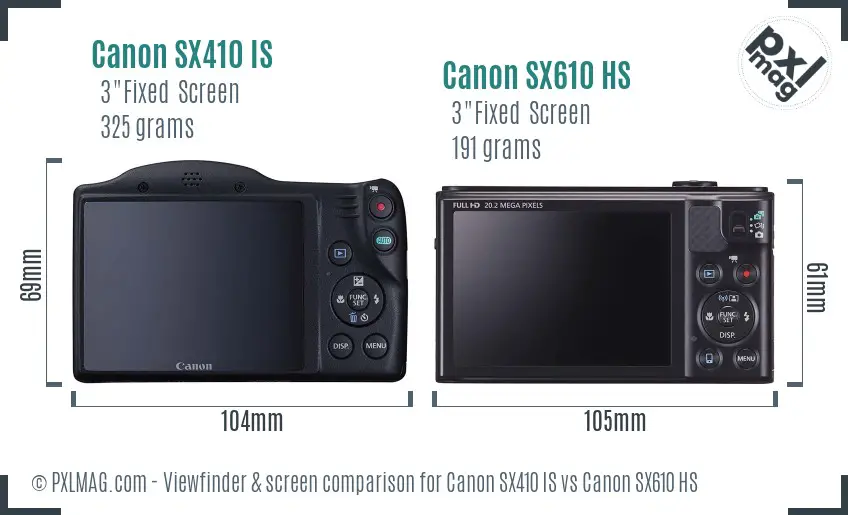 Canon SX410 IS vs Canon SX610 HS Screen and Viewfinder comparison