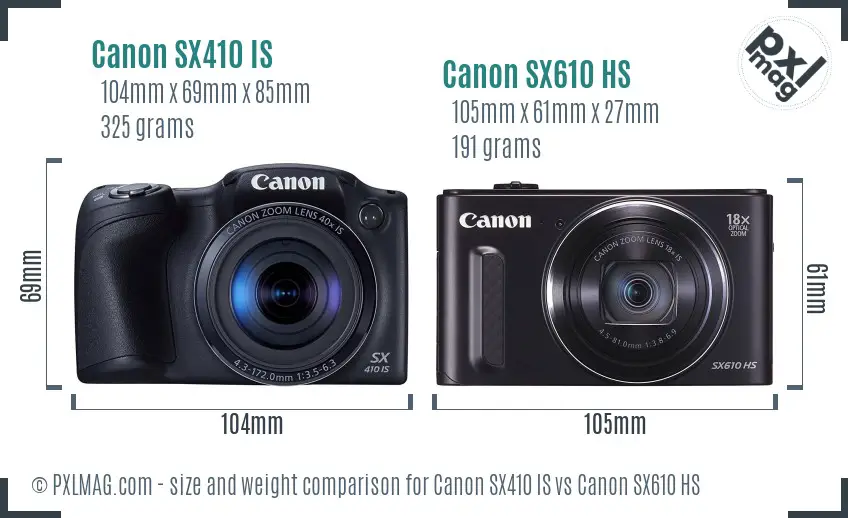 Canon SX410 IS vs Canon SX610 HS size comparison