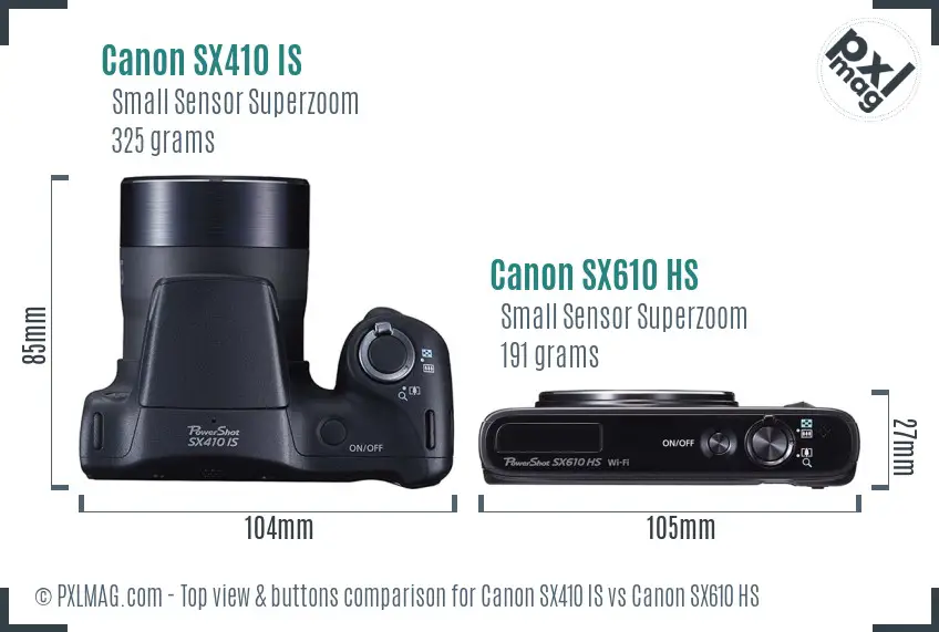 Canon SX410 IS vs Canon SX610 HS top view buttons comparison