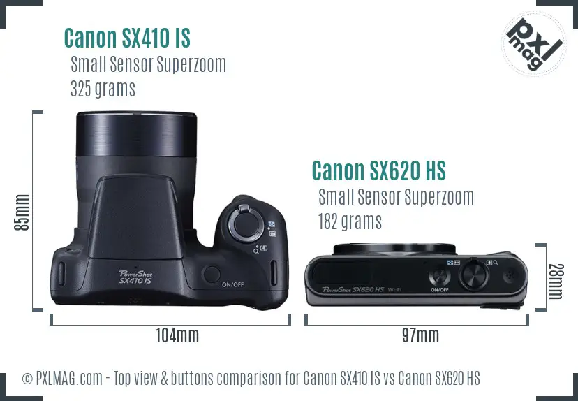 Canon SX410 IS vs Canon SX620 HS top view buttons comparison