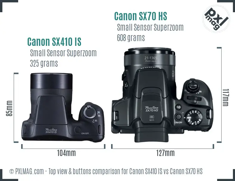 Canon SX410 IS vs Canon SX70 HS top view buttons comparison