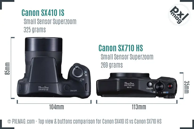 Canon SX410 IS vs Canon SX710 HS top view buttons comparison