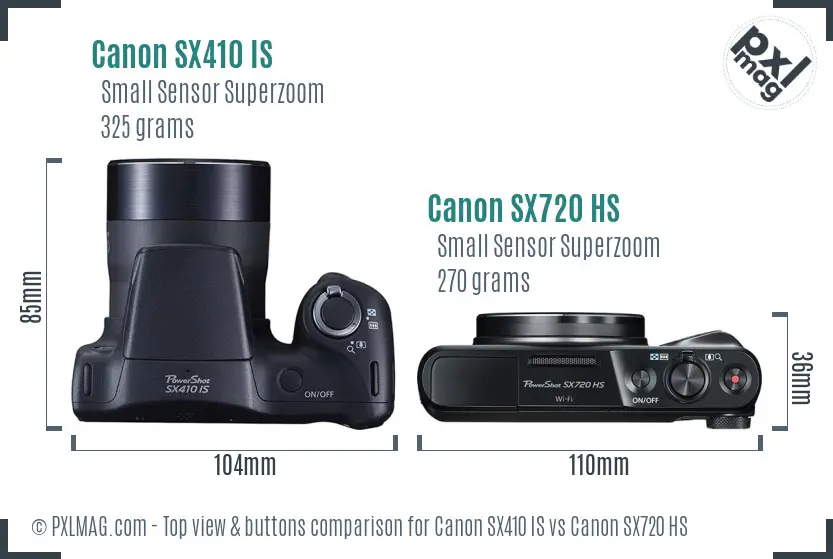 Canon SX410 IS vs Canon SX720 HS top view buttons comparison