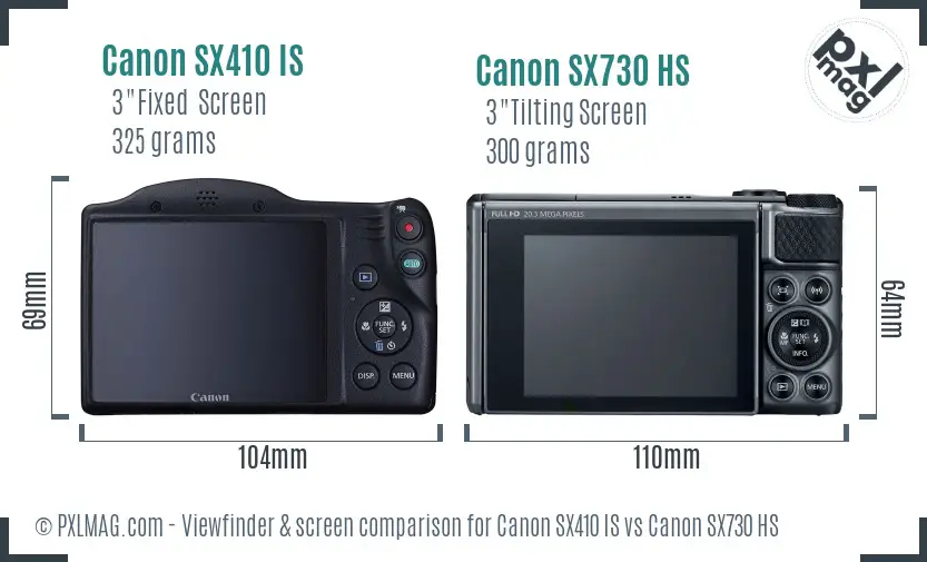 Canon SX410 IS vs Canon SX730 HS Screen and Viewfinder comparison