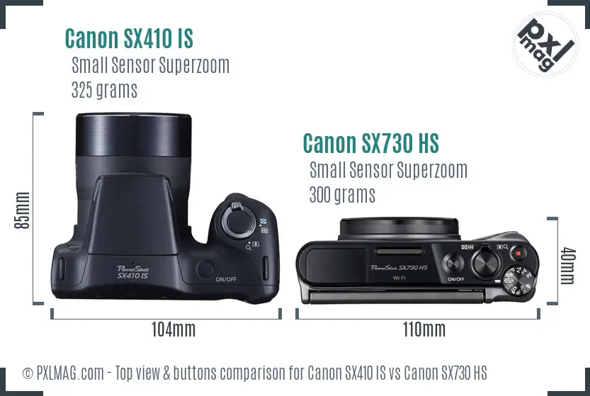 Canon SX410 IS vs Canon SX730 HS top view buttons comparison