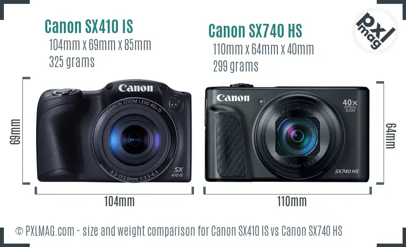 Canon SX410 IS vs Canon SX740 HS size comparison