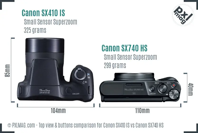 Canon SX410 IS vs Canon SX740 HS top view buttons comparison