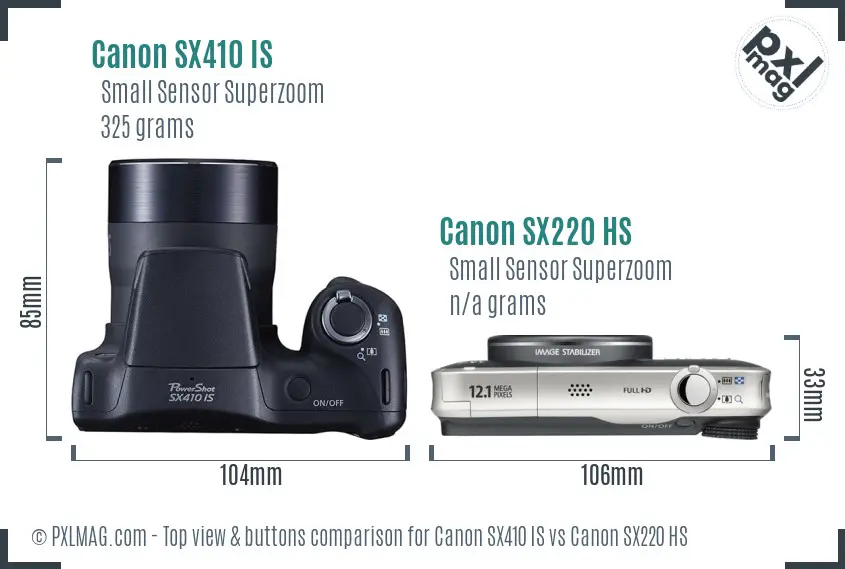 Canon SX410 IS vs Canon SX220 HS top view buttons comparison