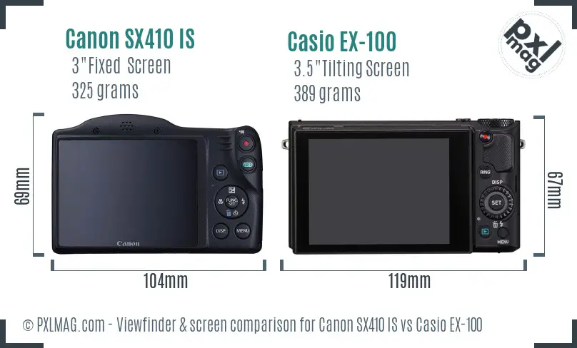 Canon SX410 IS vs Casio EX-100 Screen and Viewfinder comparison