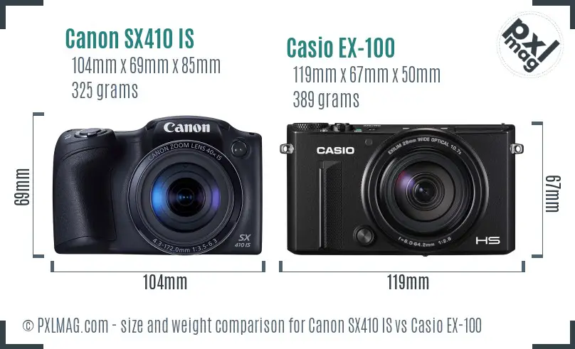 Canon SX410 IS vs Casio EX-100 size comparison