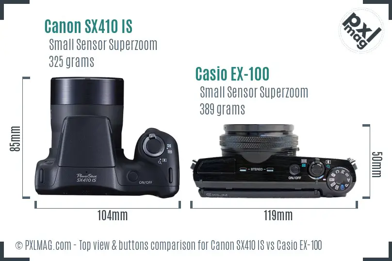 Canon SX410 IS vs Casio EX-100 top view buttons comparison