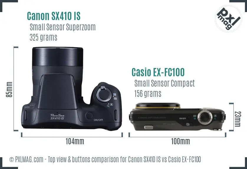 Canon SX410 IS vs Casio EX-FC100 top view buttons comparison
