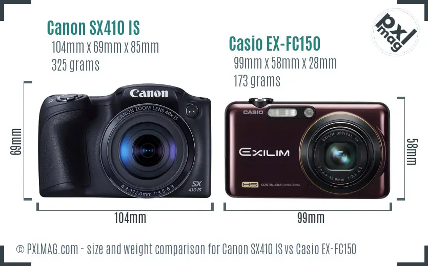 Canon SX410 IS vs Casio EX-FC150 size comparison