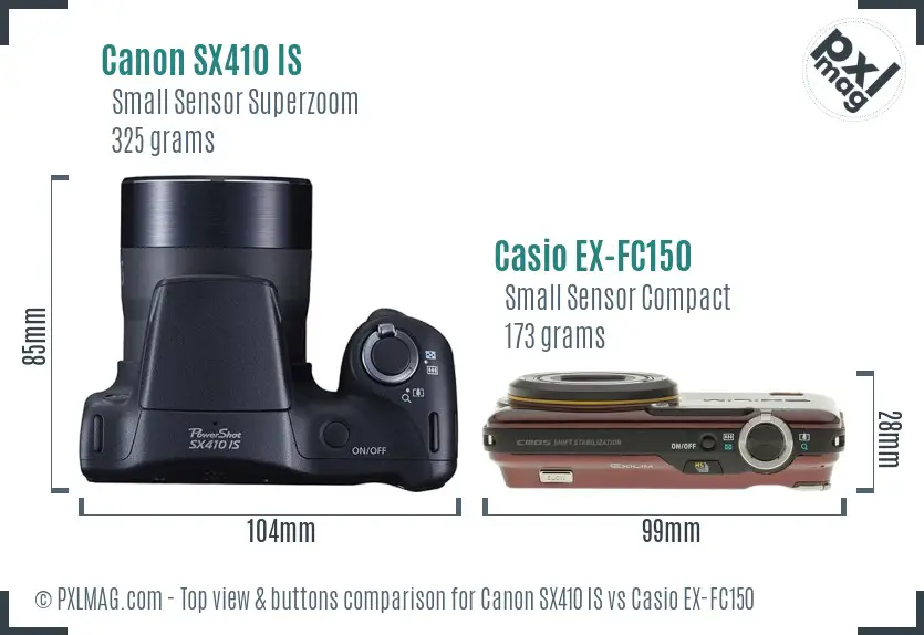 Canon SX410 IS vs Casio EX-FC150 top view buttons comparison