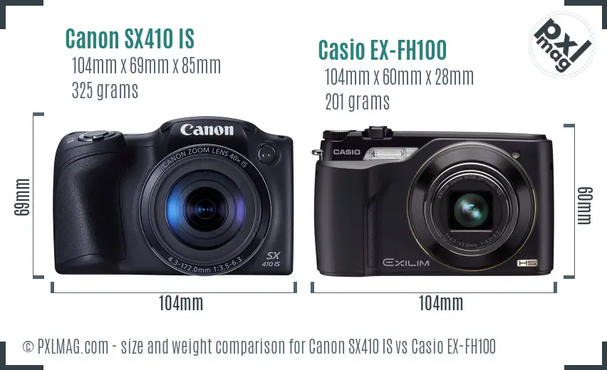Canon SX410 IS vs Casio EX-FH100 size comparison