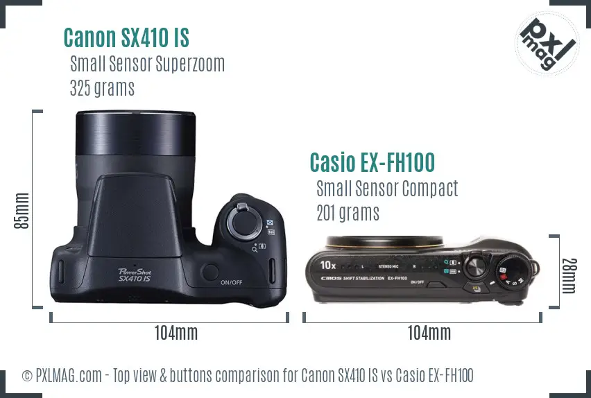 Canon SX410 IS vs Casio EX-FH100 top view buttons comparison