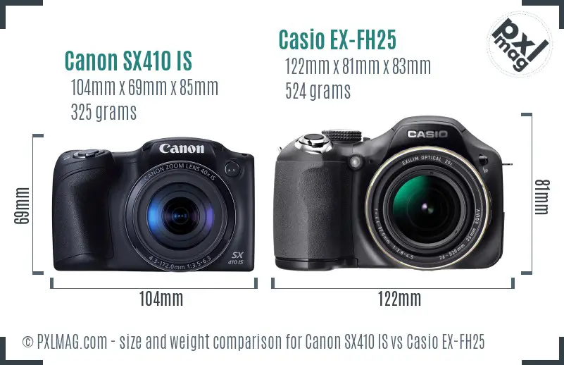 Canon SX410 IS vs Casio EX-FH25 size comparison