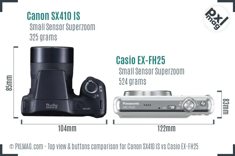 Canon SX410 IS vs Casio EX-FH25 top view buttons comparison