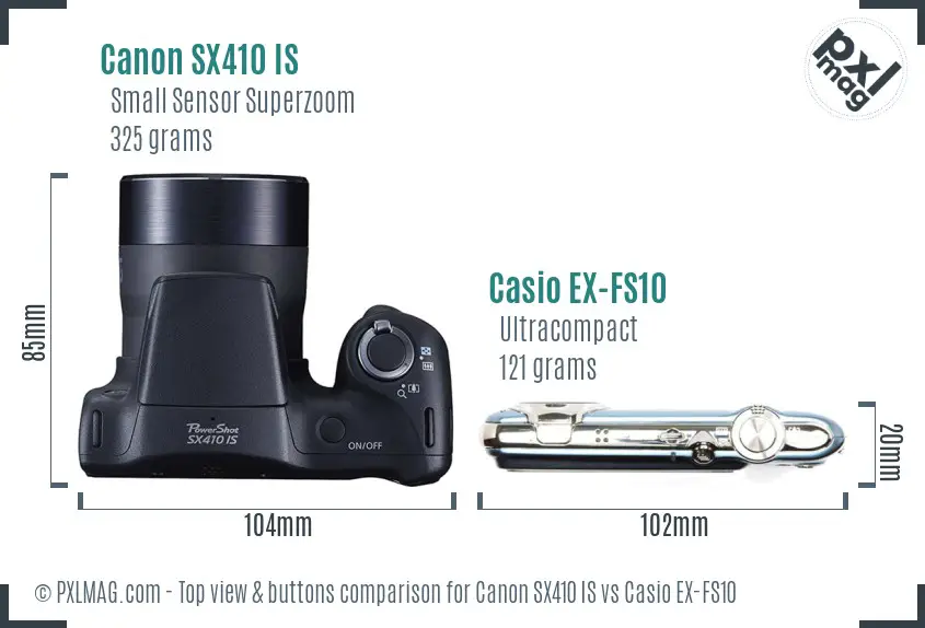 Canon SX410 IS vs Casio EX-FS10 top view buttons comparison