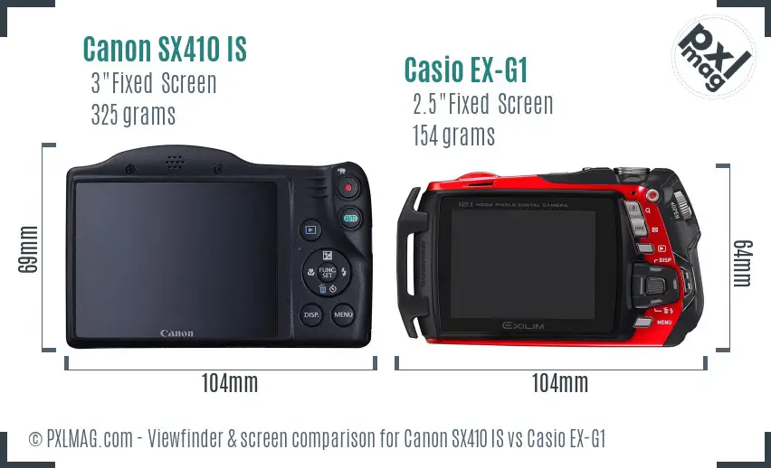 Canon SX410 IS vs Casio EX-G1 Screen and Viewfinder comparison