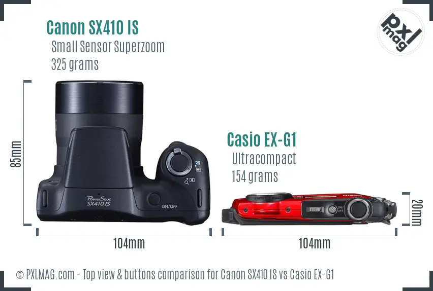 Canon SX410 IS vs Casio EX-G1 top view buttons comparison