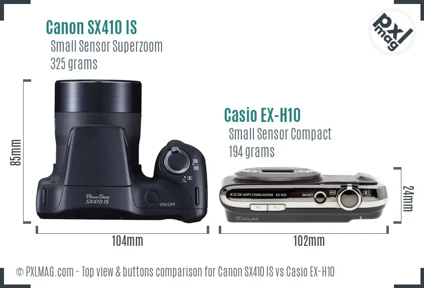 Canon SX410 IS vs Casio EX-H10 top view buttons comparison