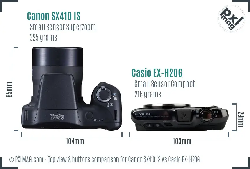 Canon SX410 IS vs Casio EX-H20G top view buttons comparison