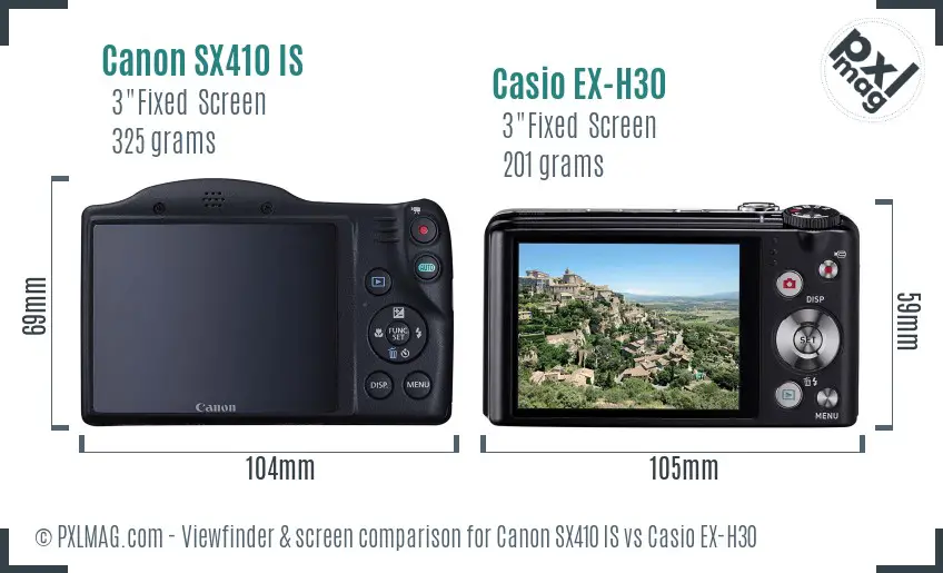 Canon SX410 IS vs Casio EX-H30 Screen and Viewfinder comparison