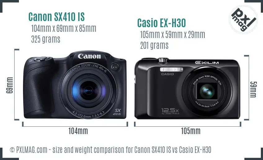 Canon SX410 IS vs Casio EX-H30 size comparison