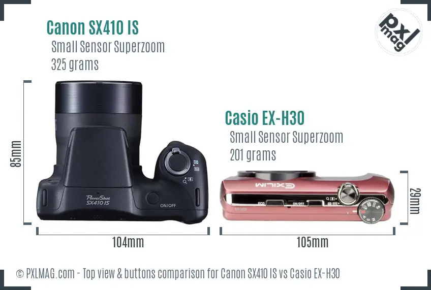 Canon SX410 IS vs Casio EX-H30 top view buttons comparison