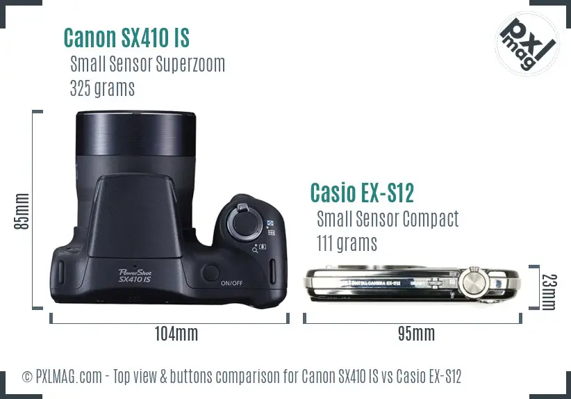 Canon SX410 IS vs Casio EX-S12 top view buttons comparison