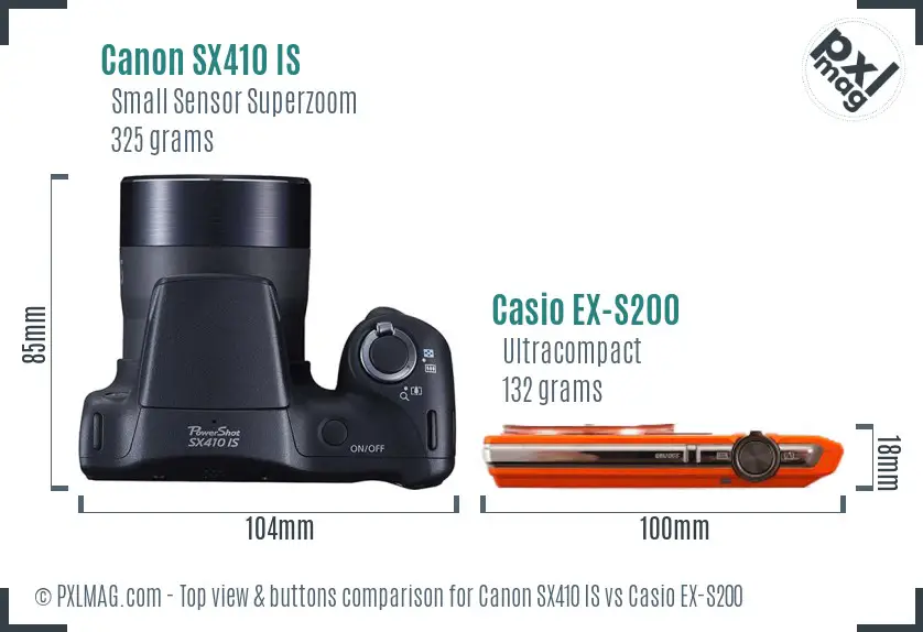 Canon SX410 IS vs Casio EX-S200 top view buttons comparison