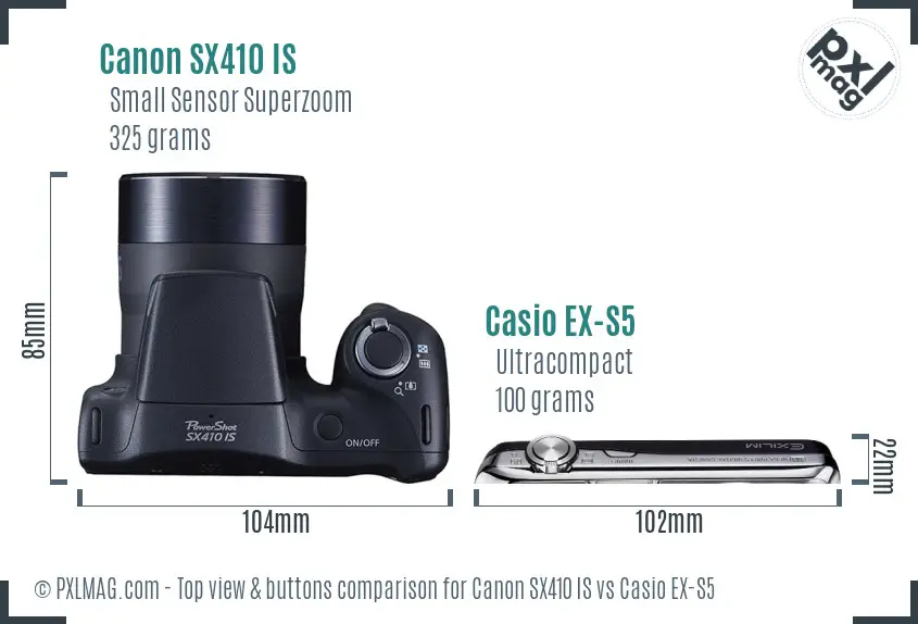 Canon SX410 IS vs Casio EX-S5 top view buttons comparison