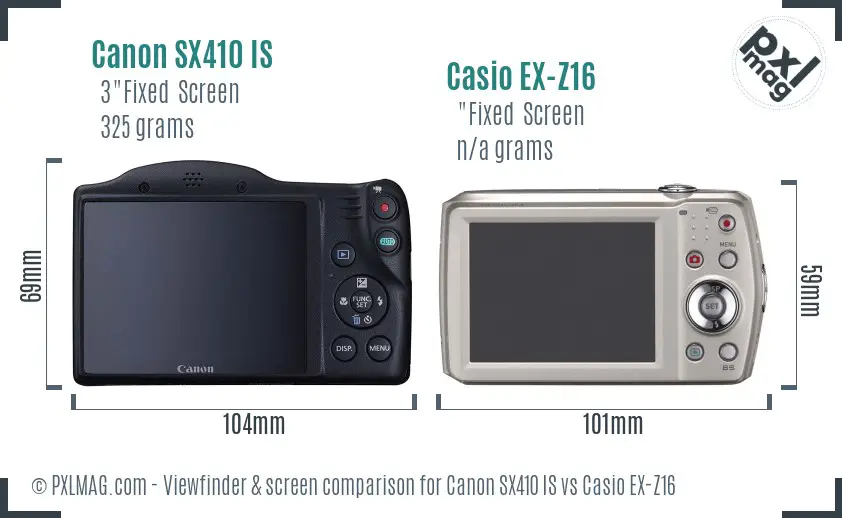 Canon SX410 IS vs Casio EX-Z16 Screen and Viewfinder comparison