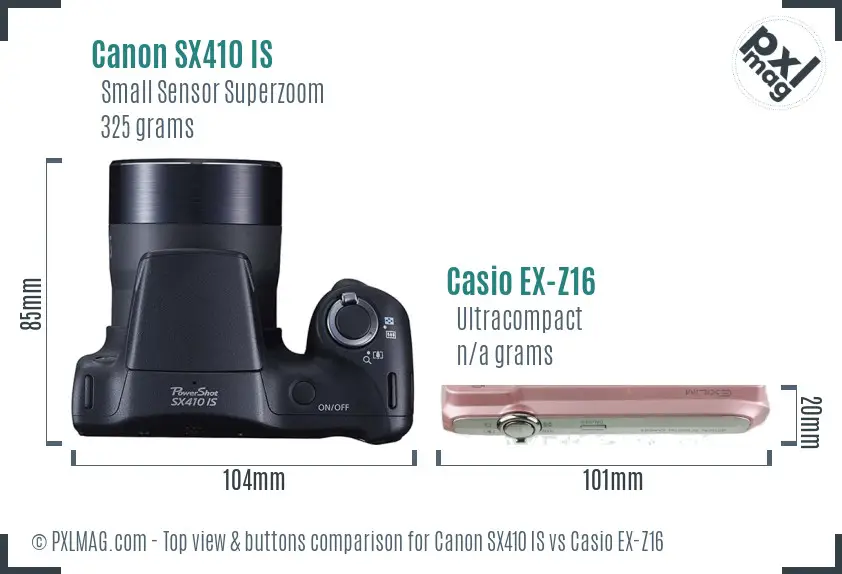 Canon SX410 IS vs Casio EX-Z16 top view buttons comparison