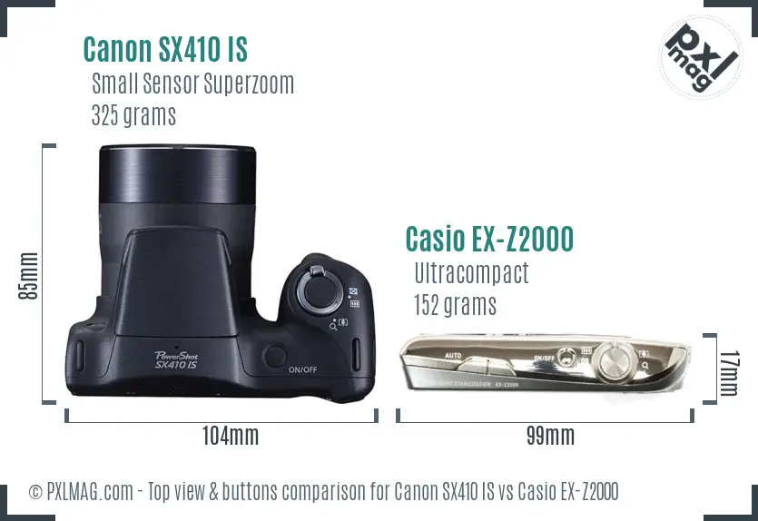 Canon SX410 IS vs Casio EX-Z2000 top view buttons comparison